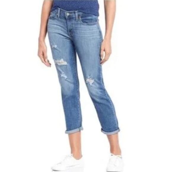 Levis Boyfriend Jeans Distressed Cropped Medium Wash Blue Denim Stretch Size 30 - Picture 1 of 11